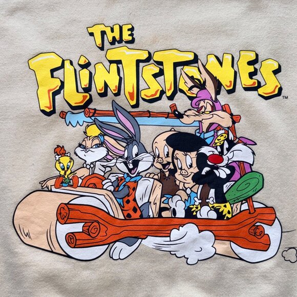 Warner Bros Sweatshirt M Beige Cotton Blend Flintstones Graphic Crewneck - Picture 8 of 10